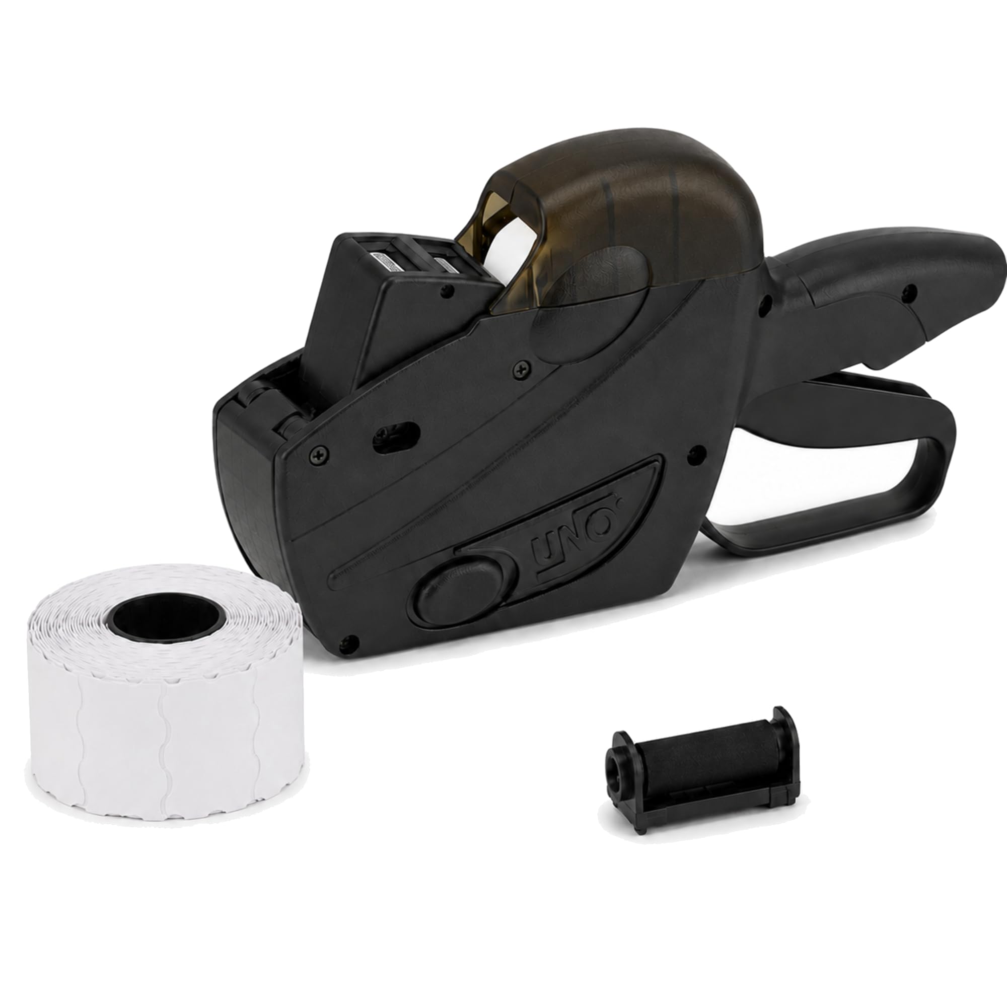 Pokornys Etichettatrice prezzi UNO S16 a 2 righe per etichette da 26 x 16 mm, etichettatrice manuale a 8 + 8 cifre per prezzo, data, MHD, codice articolo e sconto, con rotolo di etichette e colore