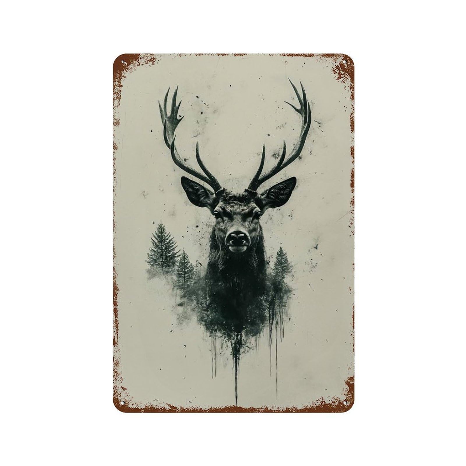 Deer Portrait with Forest Integration Rust Effect Tin Sign 11.8"x7.9", Decorative Metal Wall Art for Living Room, Hallway And Home Decor