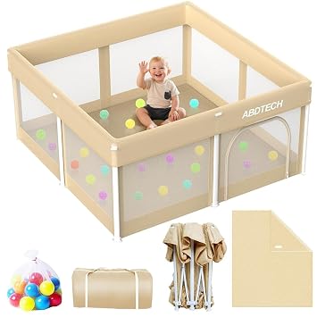 Foldable Playpen for Babies and ToddlersQuick Setup 50"x50" Baby Playpen with Mat - Collapsible Play Pen with Storage Bag for Indoor & Outdoor - Baby Fence Play Area with 30 Ocean Ball, Khaki