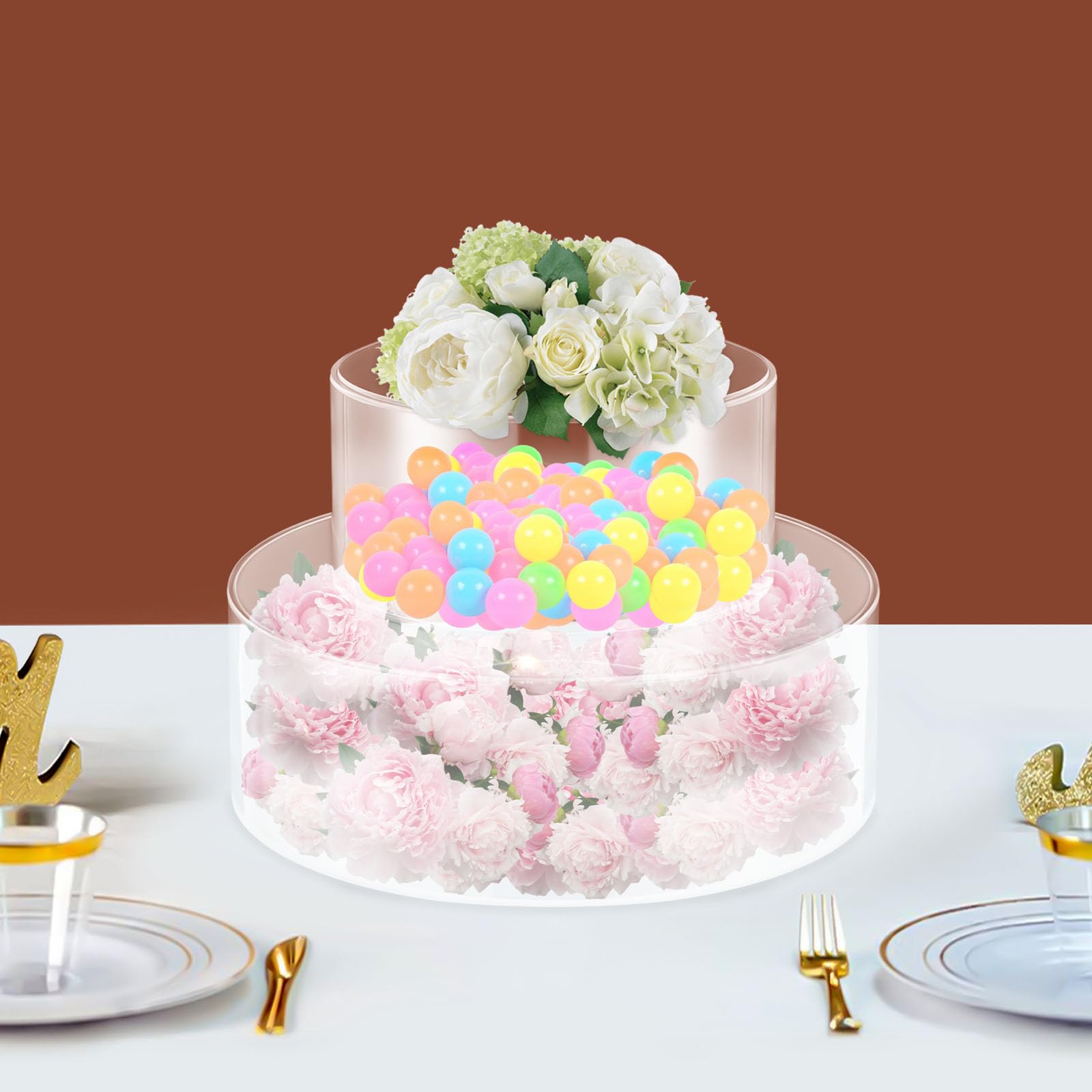 Befüllbar Tortenständer Acryl mit LED Kuchenständer 2 Stück | Transparent mit Deckel, 20 und 30 cm, Kuchentrenner, Warmlicht, für Hochzeit, Geburtstag und Party, Tafelaufsatz
