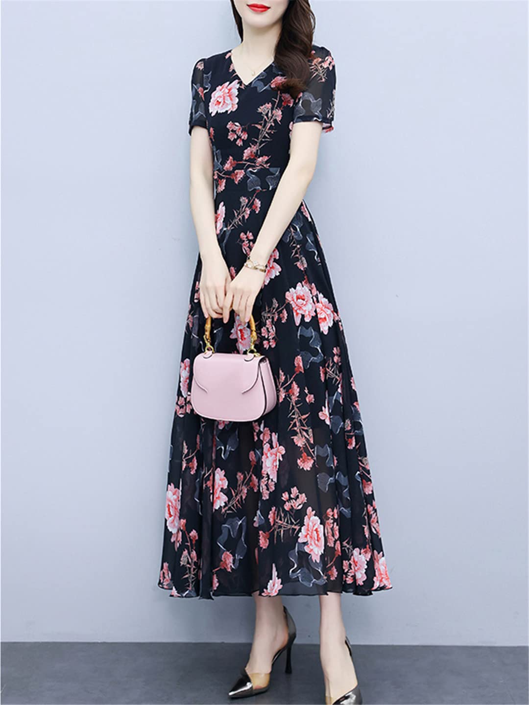 Suwequest Abito lungo in chiffon per feste, vacanze estive, da donna, alla moda, floreale, elegante, chic, formale