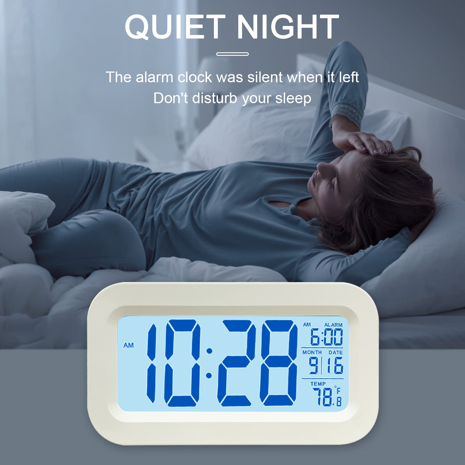 Jsdoin Reloj Despertador Digital, LED Pantalla Reloj Alarma Inteligente con Temperatura, Sensor de Brillo, 12/24 Horas, Función Snooze y Alarma para Dormitorio, Hogar, Oficina(Recargable,Blanco)