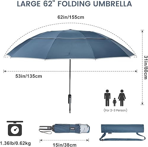 Miniatura 3 de G4Free Paraguas invertido resistente al viento de 62 pulgadas con rayas reflectantes, paraguas grande y compacto de golf para lluvia, 10 varillas,