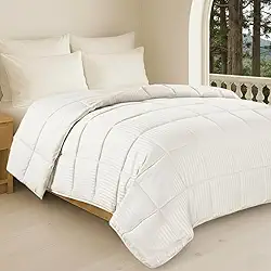 Edredom Toque de Plumas Dupla Face, Microfibra Plumage Liso e Stripe Quadriculado (Branco Stripes, Queen)