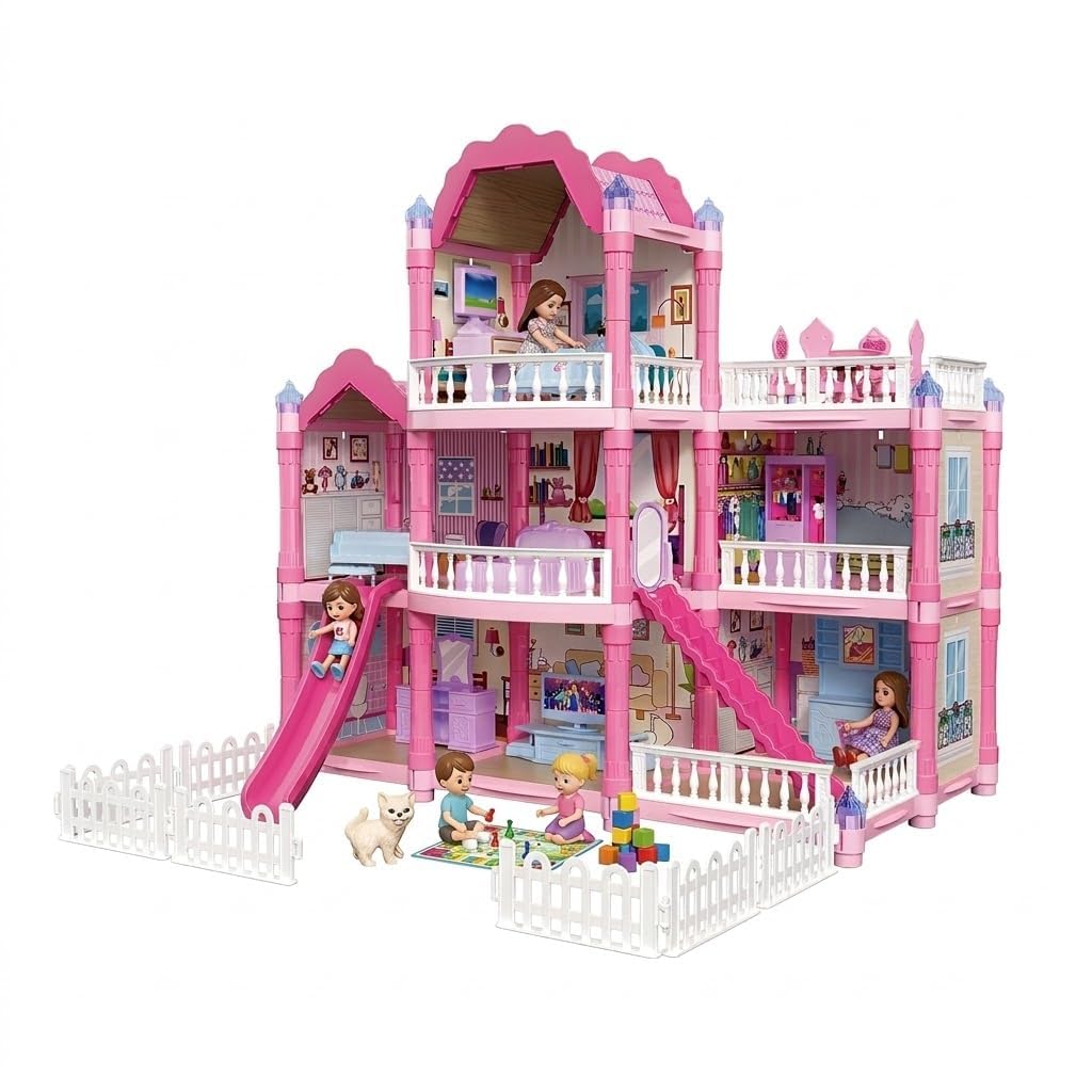 Big Style 3-Story Princess Dollhouse with Slide & Furniture | Luxury Pink Castle Doll House Toy for Girls | DIY Pretend Play Villa Playset Birthday Gift for Kids (195 pcs)-image-45