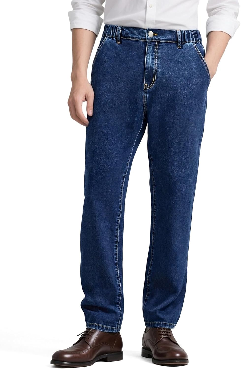 LBDLONGBIDA Mens Elastic Waist Straight Leg Jeans Relaxed Fit Stretch Waistband Denim Pants with Zipper and Button