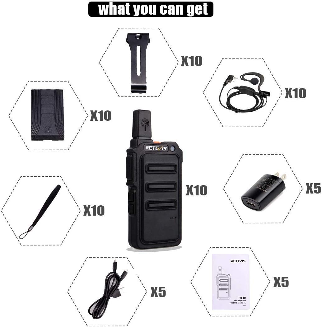 Nеw Prоduсt Retevis RT19 Ultra-Slim Two Way Radios,Portable FRS Walkie Talkies Adults with Earpiece,Rechargeable 1300mAh Battery,Metal Clip,for Security Retail Healthcare(10 Pack)