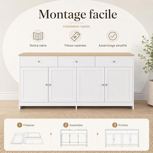 Poeahu Credenza Soggiorno bianca e legno 160 cm, Credenza Cucina con 4 ante e 3 cassetti Armadio di Archiviazione Madia Soggiorno Moderna Mobili Cucina per Soggiorno Sala da Pranzo - 8