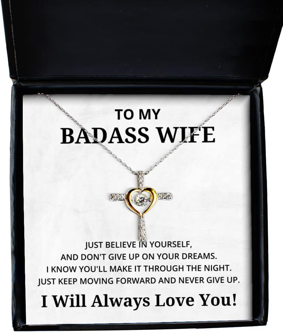 to My Badass Wife Cross Dancing Necklace, Just Believe in Yourself and Don't Give Up On Your Dreams, Best Birthday Gifts, Engagement Gifts, Wedding Gifts, Valentines Day Gifts I Will Always Love You