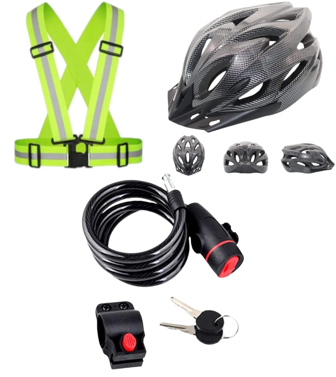 Fly Falcon all-in-one offer, Multi-Sport Helmet Adjustable Size for Adult Road Safety Protection, Reflective Vest Belt For Safety with High Visibility, Bike Key Lock, Cable Steel Coiled Secure Lock.