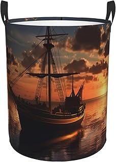 Boat at dusk print Circular Hamper Waterproof Storage Bin Organizer Basket Laundry Hamper With Handles For Clothes Toys Medium