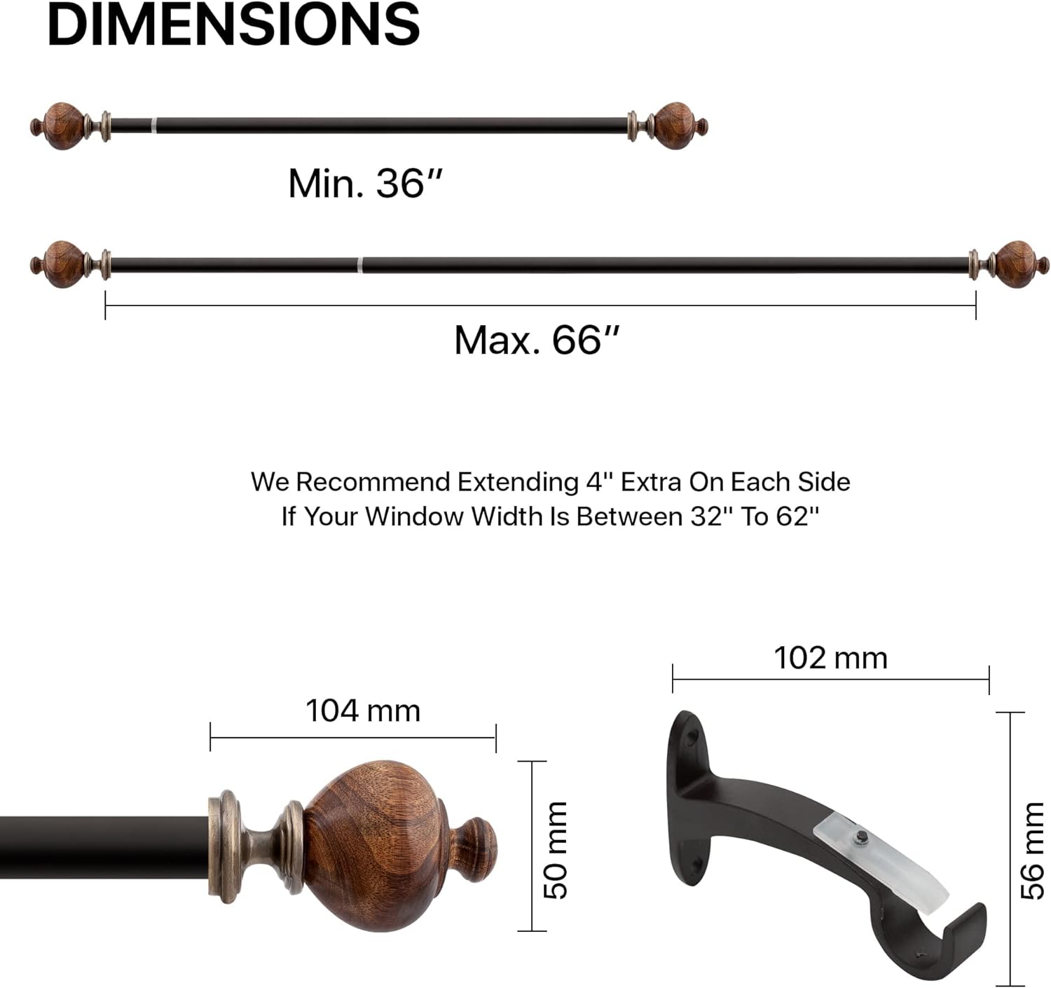 Brown Adjustable Curtain Rod with Natural Wood Finials, 36"-66"
