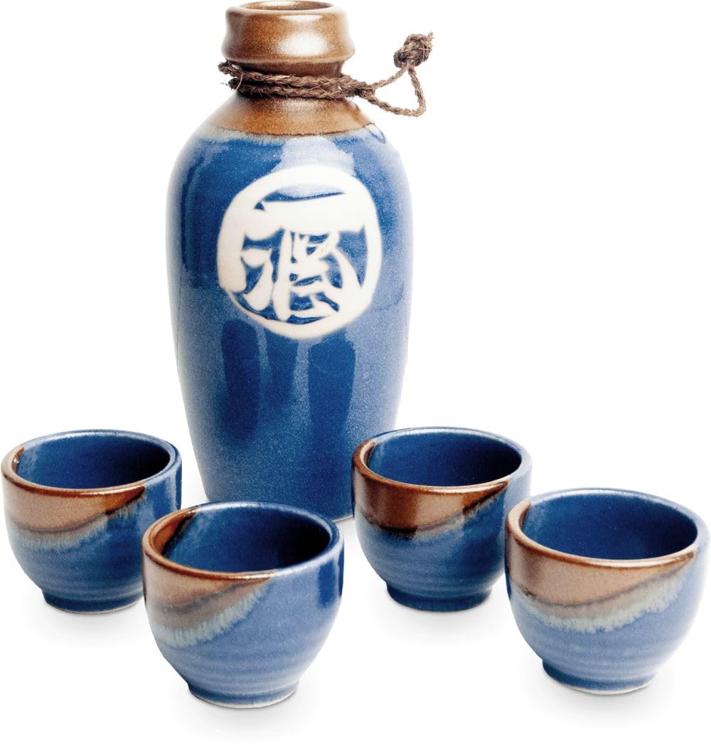 Sake-Set Sango aus Japan Porzellan Sakeset blau 5er Geschenkset 500ml