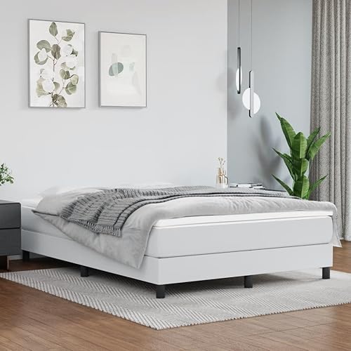 vidaXL Base de cama con somier tamaño Queen en piel sintética blanca, marco de cama moderno y resistente adecuado para colchón Queen
