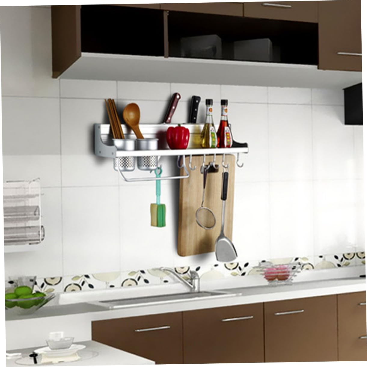 PRETYZOOM Estante de Cocina de Aluminio 8 Ganchos y 4 Ranuras para Especieros Moderno