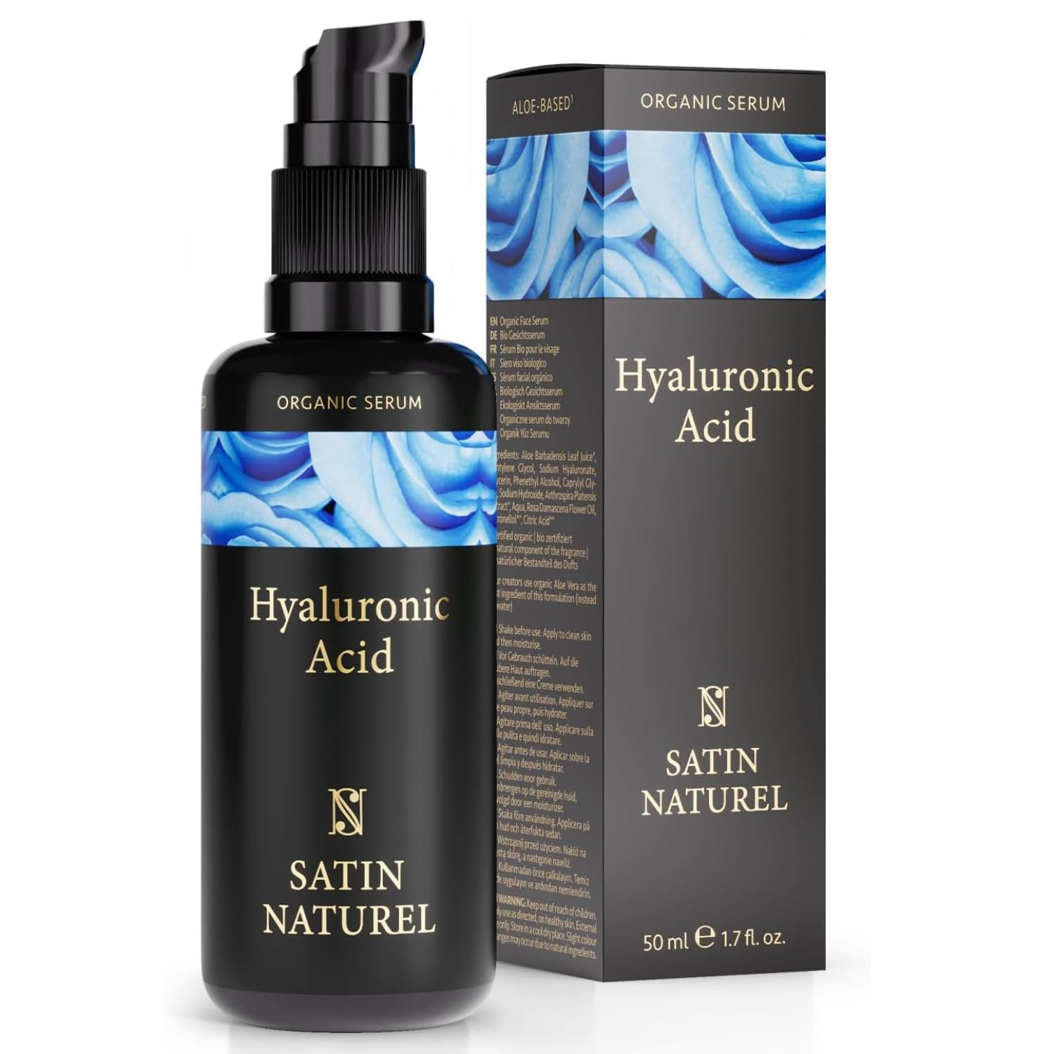 Serum Facial Acido Hialuronico Orgánico 50ml, Hidratante, Antiarrugas, Antimanchas Vegano - Piel, Cara y Contorno de Ojos - Crema Hidratante Facial Mujer - Serum Acido Hialuronico - Satin Naturel
