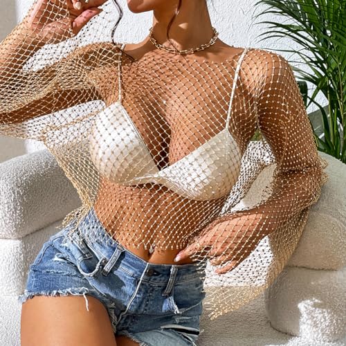 ABAFIP Women's Sparkly Rhinestone Crop Top Long Sleeve Mesh Bikini Cover up Fishnet Shirts Rave Tops2