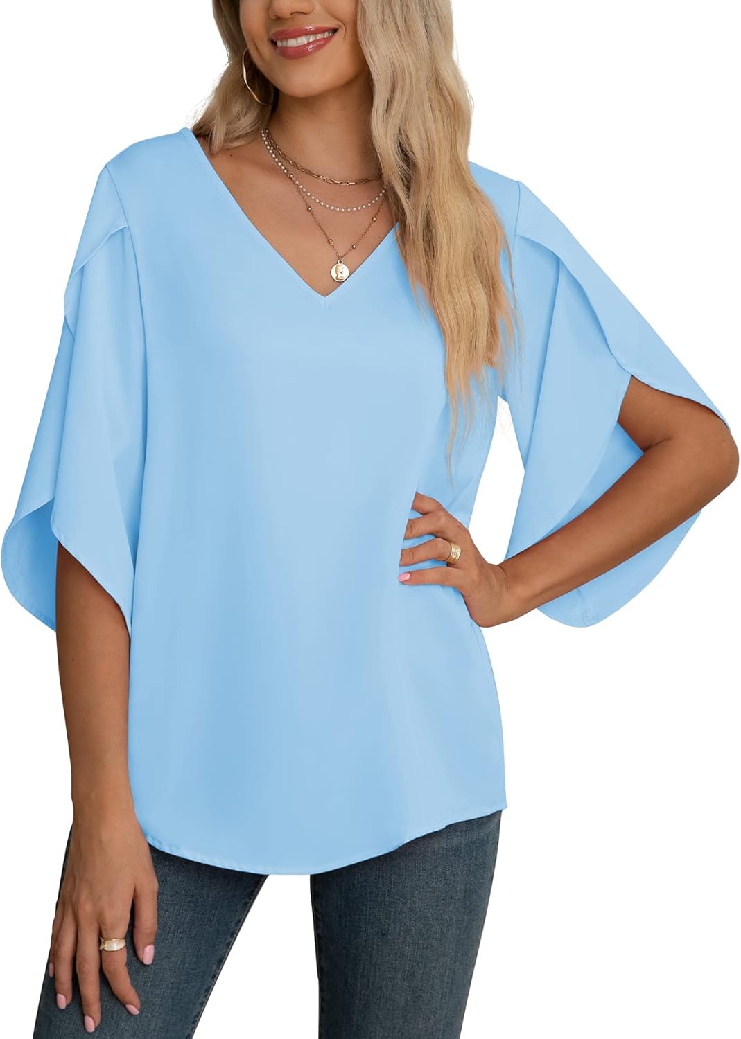 Jouica Women Blouses Casual Chiffon Tops Summer 3/4 Ruffled Sleeve Blouse for Women - Image 2