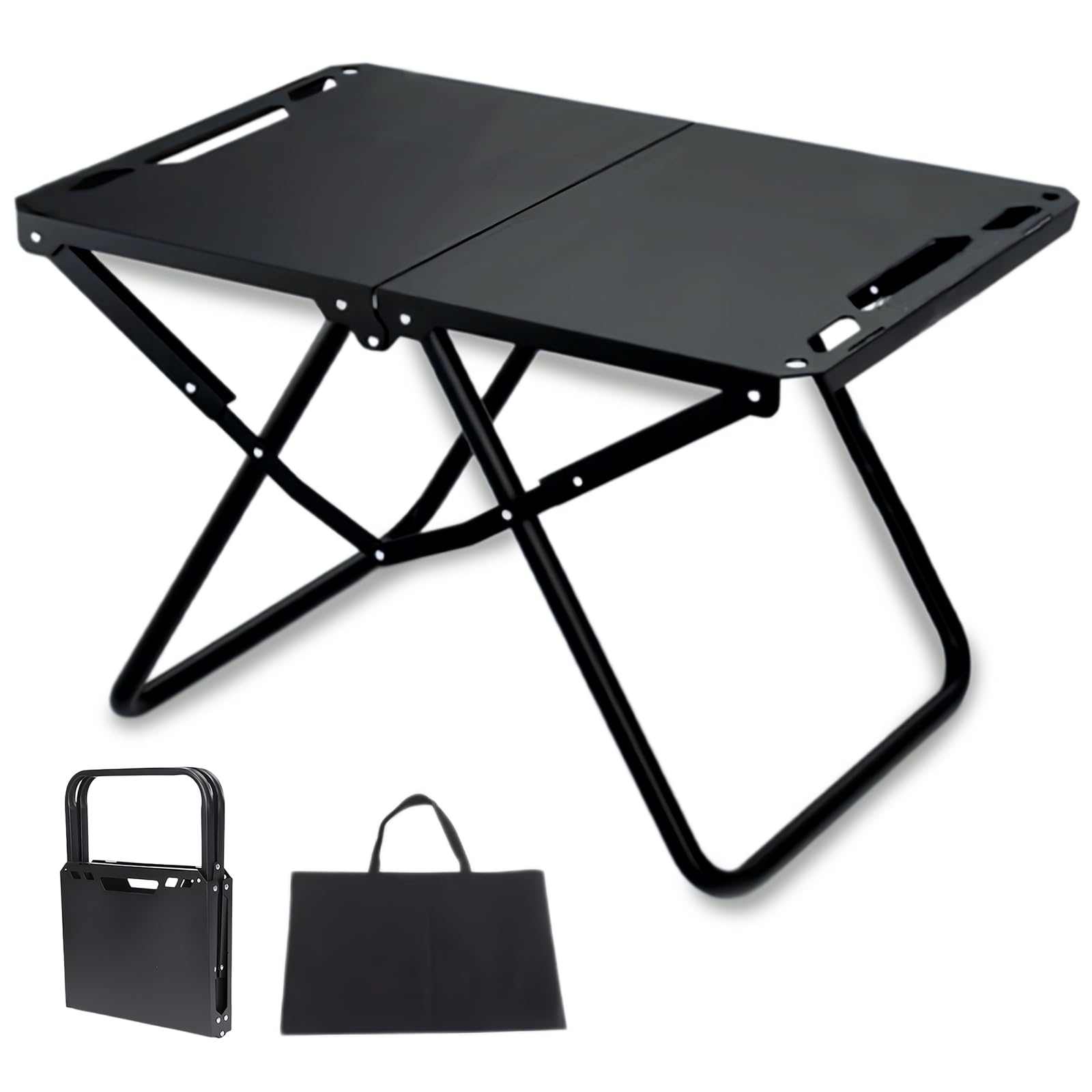 Table de camping pliante ultra stable et compacte, plateau en acier noir résistant aux chocs