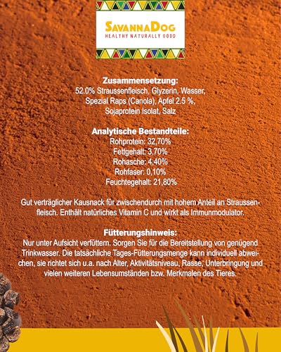 SavannaDog Happen mit Apfel 800g - Hunde Leckerlis getreidefrei & hypoallergen, Leckereien für Hunde mit Straußenfleisch, Hundeleckerli mit wertvollen Ballaststoffen