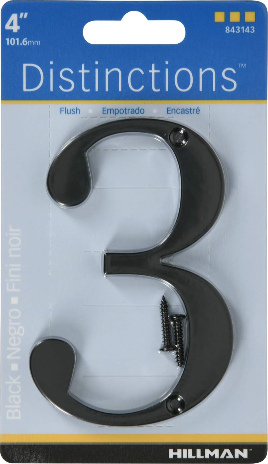 Distinctions 843143 House Number 3, Black Zinc Flush Mount Address Number, Modern Outdoor Address Sign for Front Door, Mailbox, Wall, or Plaque, 4 Inches