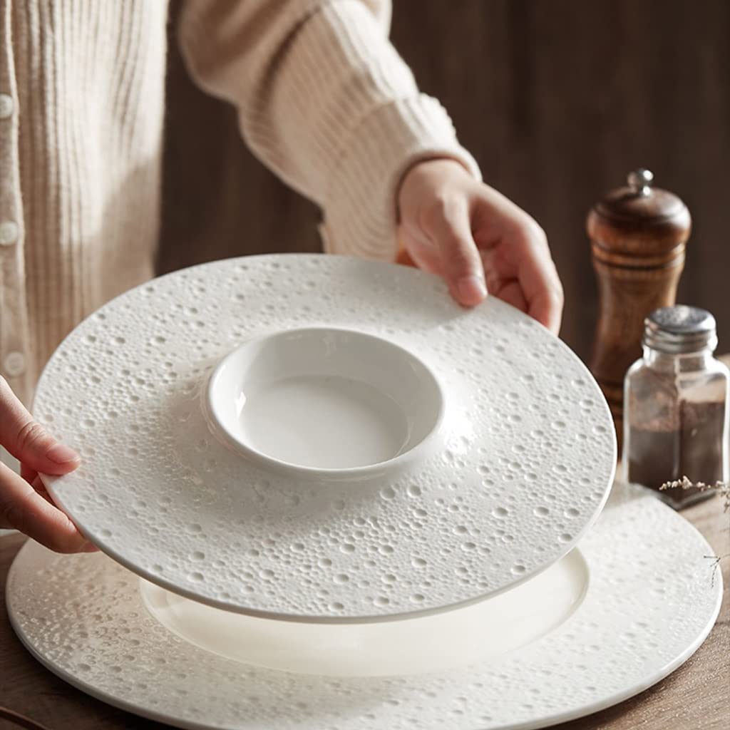 Assiette plate moderne, grande assiette de service, plateau de service, 30-35 cm, en céramique blanche, style western, assiette plate, vaisselle froide, vaisselle d'hôtel, assiettes empilables, dorée