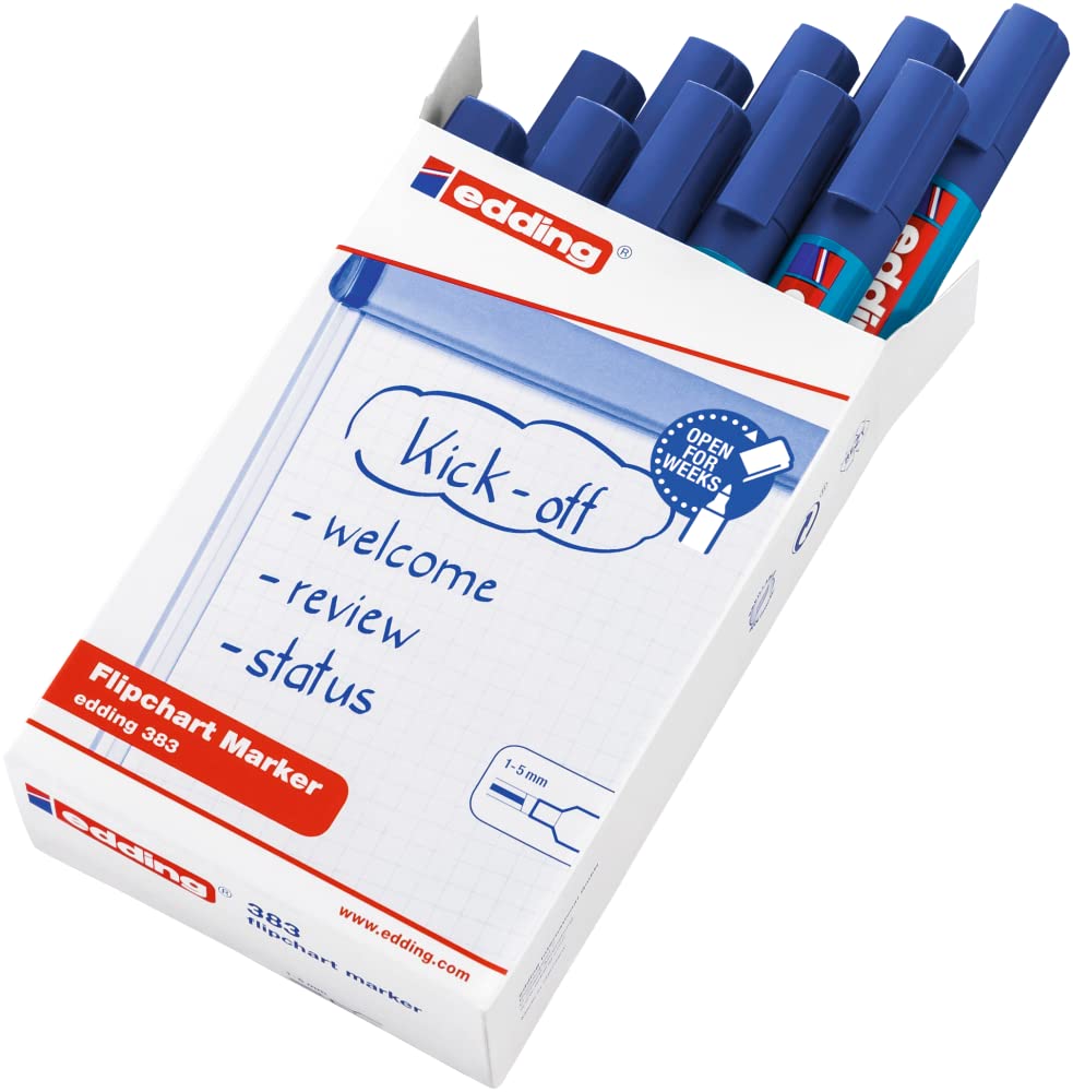 edding 388 marcador para flipcharts - azul - 10 rotuladores - punta biselada de 4-12 mm - rotulador para escribir, dibujar y marcar sobre papel - recargable, no traspasa, no mancha, impermeable