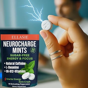 NeuroCharge Bullet Mint Chews (Gum Alternative) Peppermint 90 Sugar Free | 80mg Natural Caffeine + 120mg L-Theanine per Serving | Vitamin B12 & B6 | Work Study Gym Gaming | Ellasie