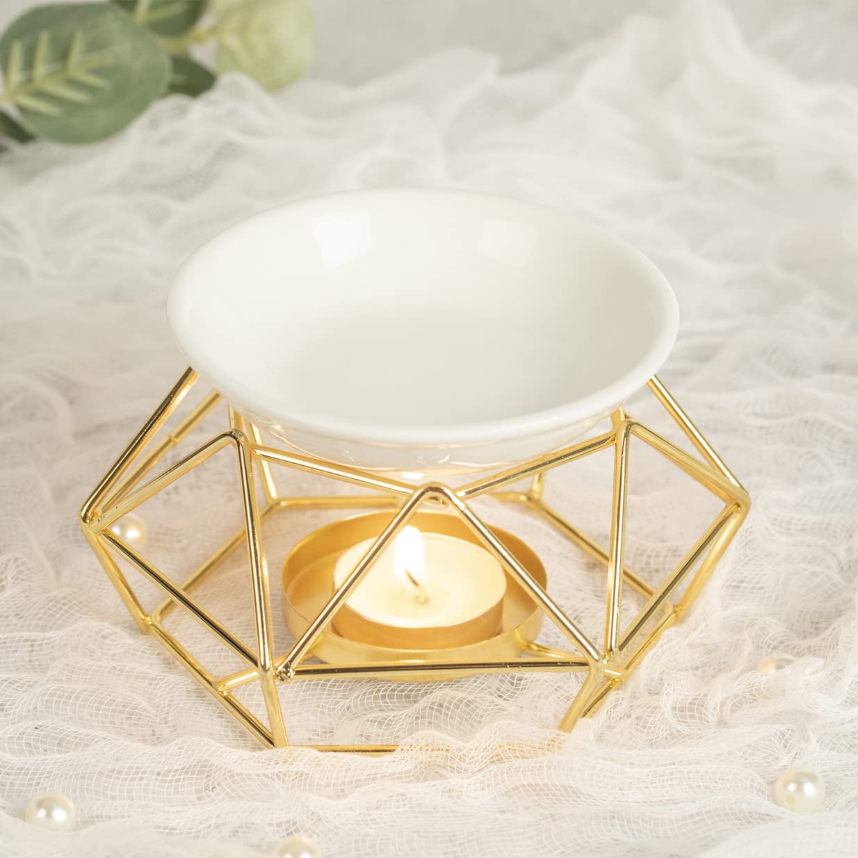 Lámpara aromática de metal Quemador de cera aromática con soporte para velas de té (Dorado)