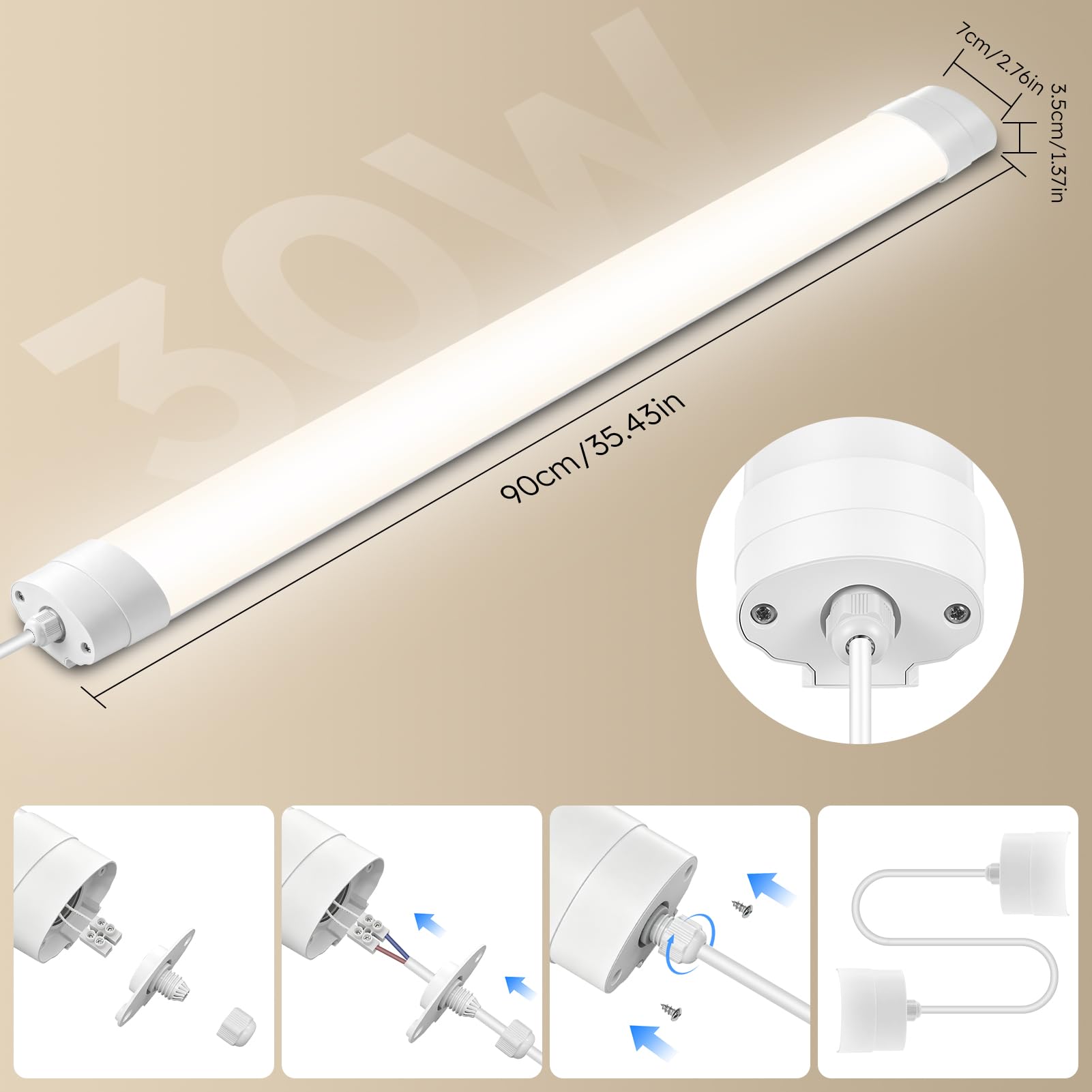 LED Feuchtraumleuchte 90CM 30W 3600LM Verlinkbar Feuchtraumlampe 4500K, IP65 Wasserdicht Kellerleuchte, LED Werkstatt Deckenleuchte für Keller, Garage, Lager, Büro 2 Stück