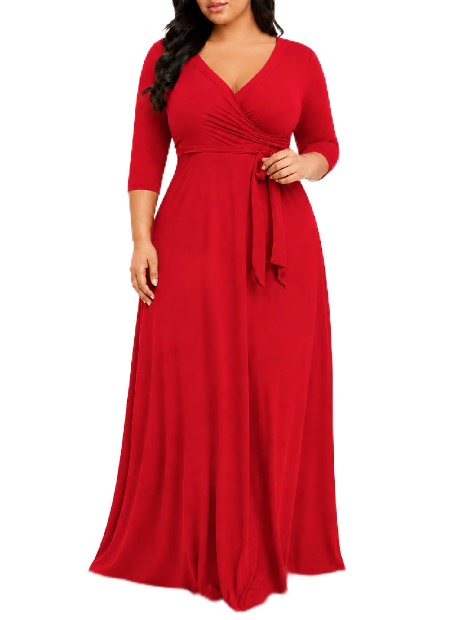 PinkPatty Women's Plus Size Maxi Dresses Casual Flowy 3/4 Sleeves Dress Printed Vacation Dress for Daily Wear with Belt