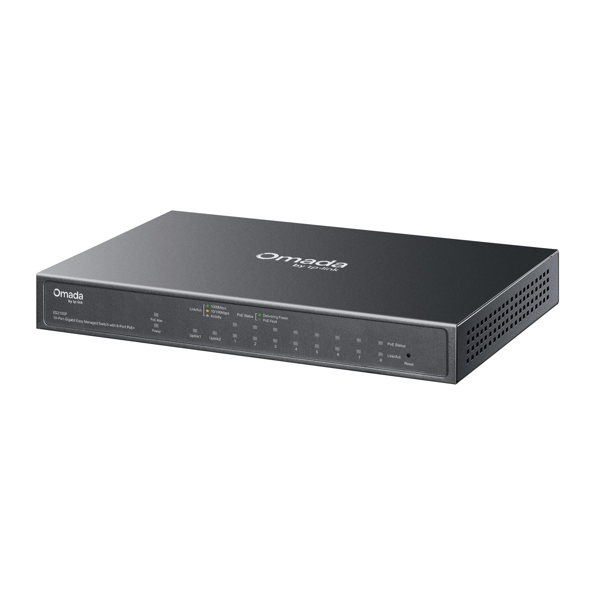 TP-Link Omada ES210GP, 10-Port Gigabit Easy Smart Switch, 63W Budget, 8 × PoE+ Ports, 1 × RJ45 + 1 × SFP Combo, Plug & Play, VLAN, QoS, PoE Auto-Wiederherstellung, Lüfterlos, Cloud-Verwaltung