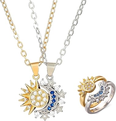 4Pcs Sun and Moon Necklace Set,Sun and Moon Necklace with Sun and Moon Rings, Adjustable Matching Necklace and Ring Set, Gift for Couples and Best Friends