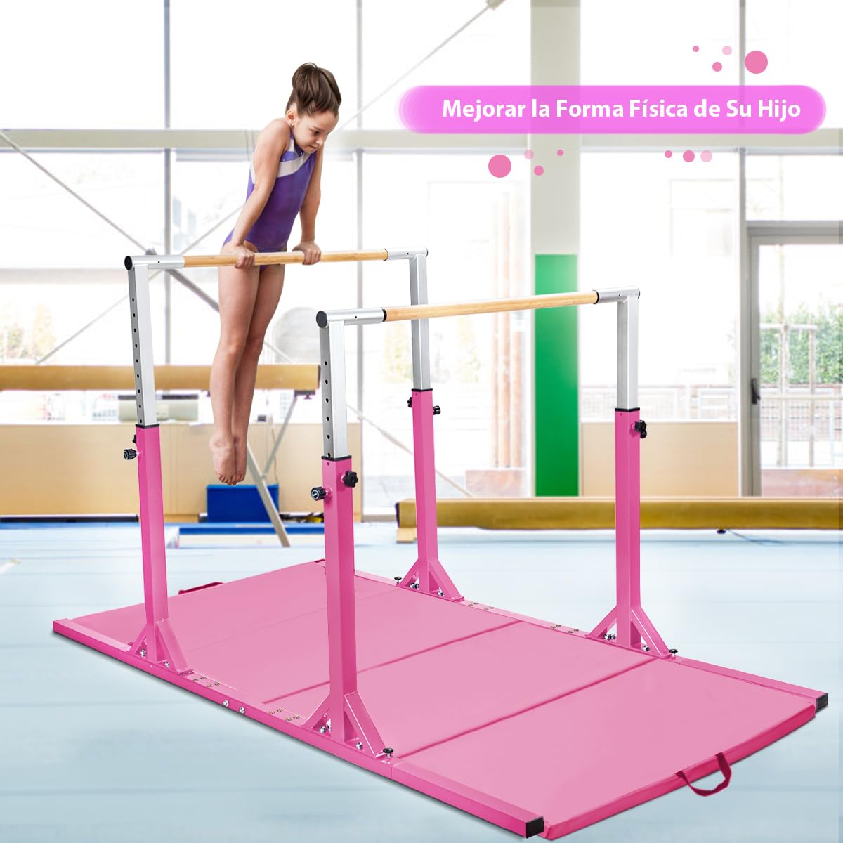 COSTWAY Barra de Gimnasia para Niños 6 a 12 años, Doble Barras, Barra Horizontal Gimnasio Artística con Ancho Ajustable y 11 Alturas, Capacidad de 100 KG