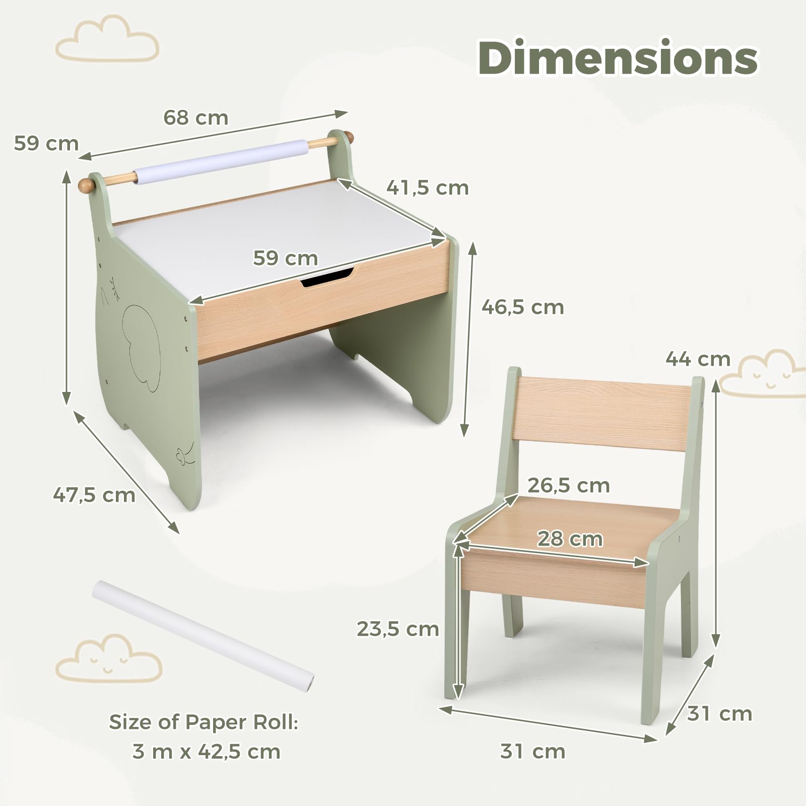 FANTASK 4 in 1 Holz Kindertisch mit Stuhl, wendbare & abnehmbare Tischplatte, Maltisch mit Stauraum & Papierrollenhalter, für Kinder ab 3 Jahren