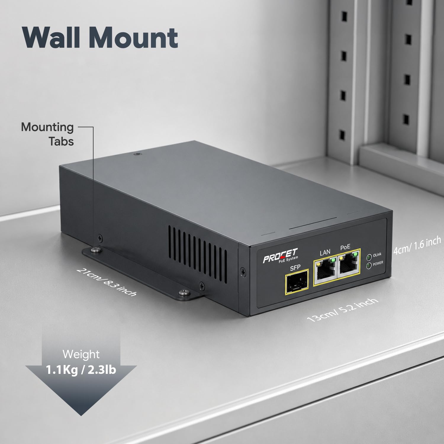 Procet Gigabit Industrial PoE Media Converter Metalowa obudowa, SFP uplink do PoE++ 95 W umożliwia rozszerzenie odległości przez okablowanie światłowodowe do urządzeń zasilanych PoE (PD),