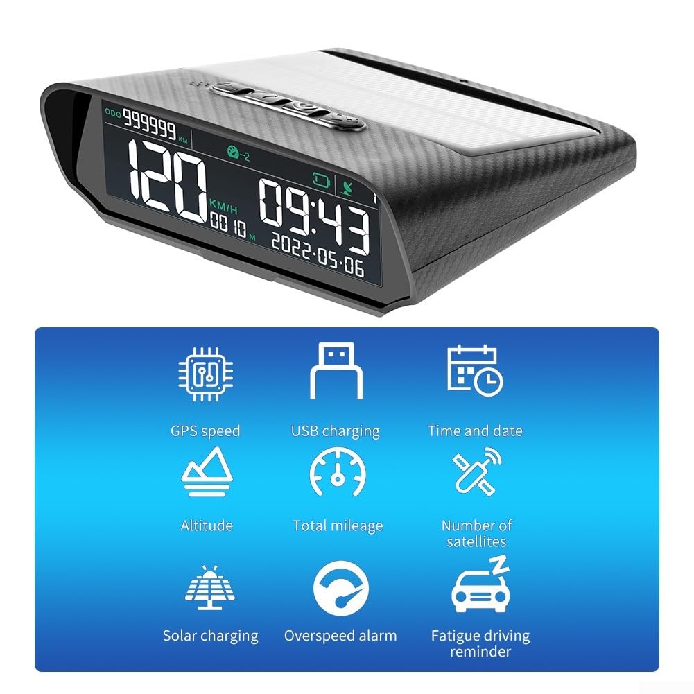 Pantalla frontal GPS alimentada por energía solar con carga USB | Velocímetro digital Altitud Odómetro para todos los coches | Proyector HUD de brillo automático con fatiga