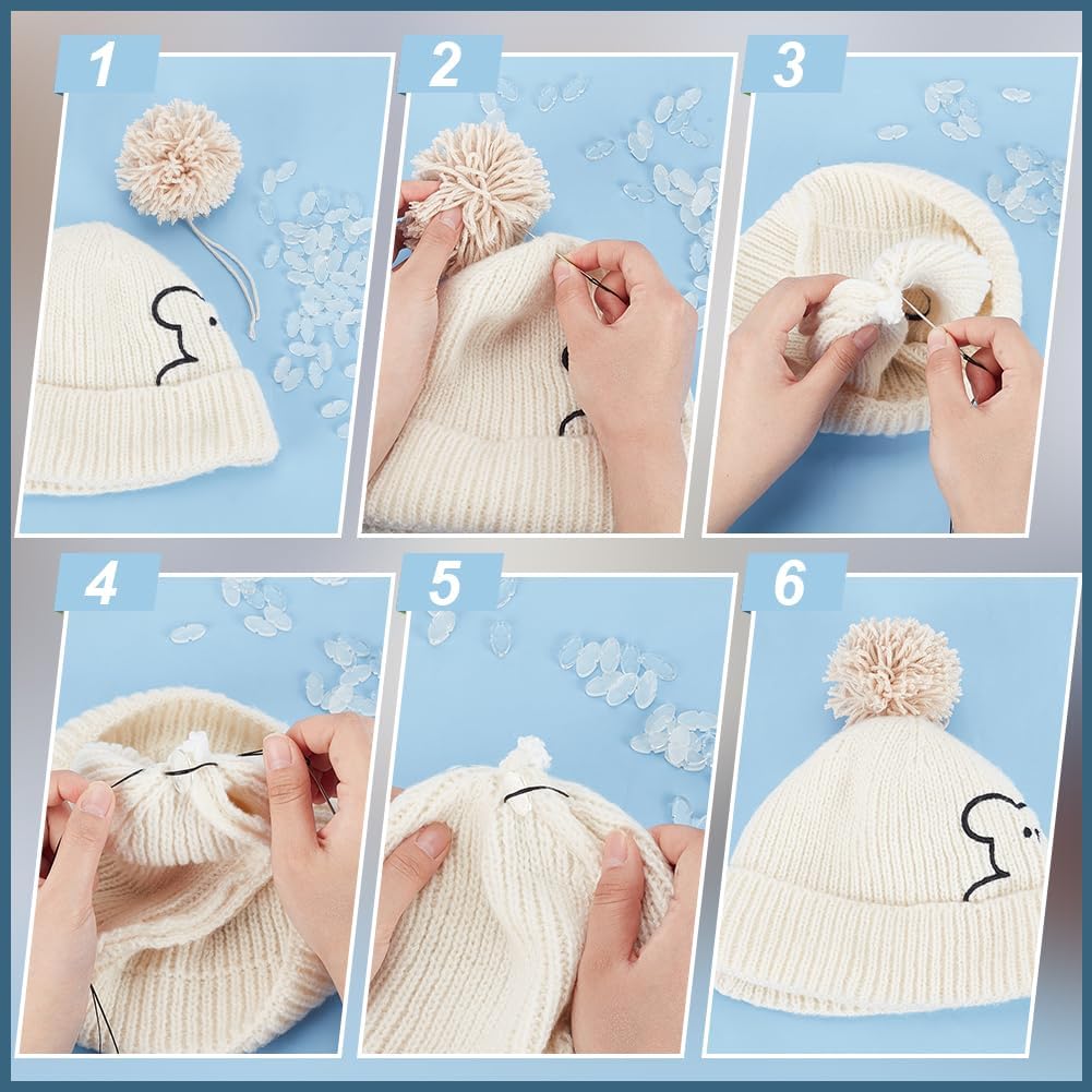 BENECREAT 50PCS Acrylic Pom Pom Hat Removable Buttons, Oval Pom Pom Base, Knitted Hat Maker's Fastener Tool for Fixing Pom Poms, Handmade Buttons, Approx. 3mm Thick