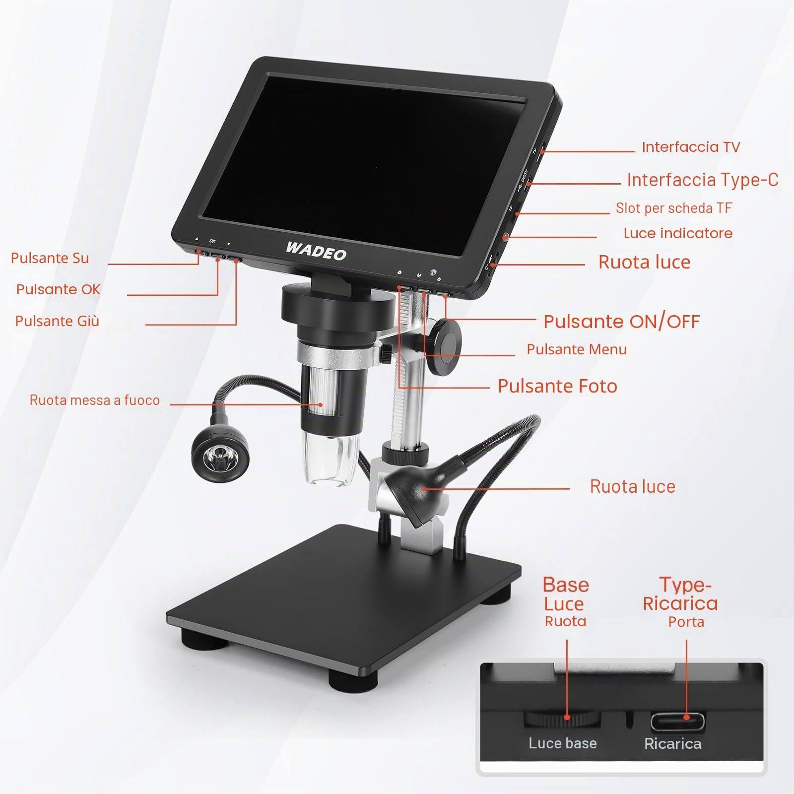 WADEO Microscopio Digitale Professionale, [7" Schermo LED] [1200X] Microscopio per Saldatura con 2 Lampade Regolabili, Scheda 32GB, Uscita HDMI per TV, PC, Windows, Mac (7" - 1200X - HDMI + USB)