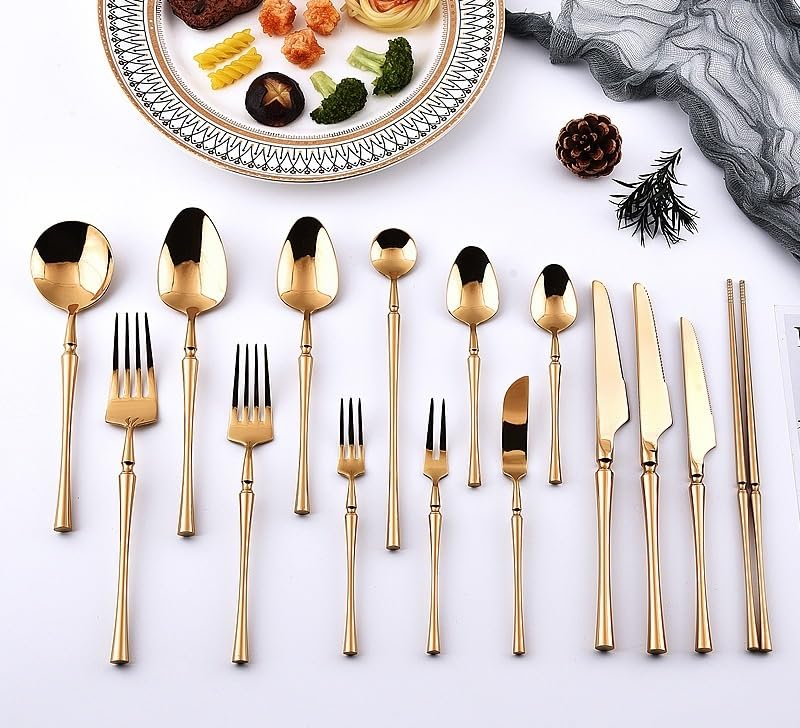 Genérico Juego de Cubiertos de 15 Piezas de Acero Inoxidable 304 con Detalles Dorados. Incluye Cuchillos, Tenedores y cucharas para Carne. Ideal para cenar y Recibir Invitados. 6 Juegos.