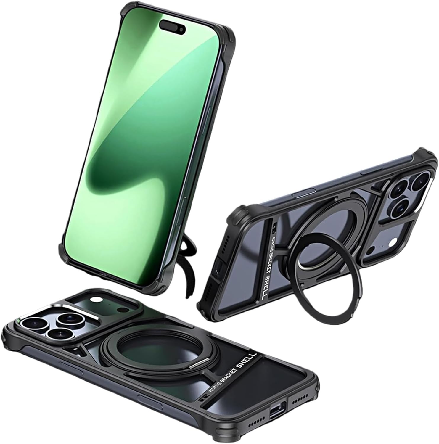 Metal Frameless Case for iPhone 17 Pro Max/17 Pro/17, Electroplated Skeleton Hollow Heat Dissipation, Compatible with MagSafe, Shock Absorbing Silicone Pads, Aluminum Armor(Black,17)