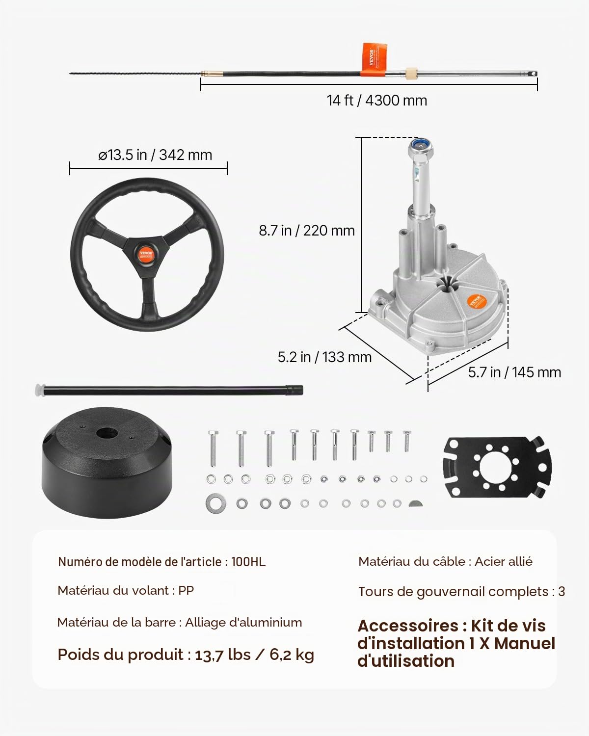 VEVOR Kit Direction Hydraulique Hors-bord avec Câble 4,28 m SS13714 et Volant 34,3 cm, Système de Direction Hydraulique Marin, Accessoires pour Bateau Voyage