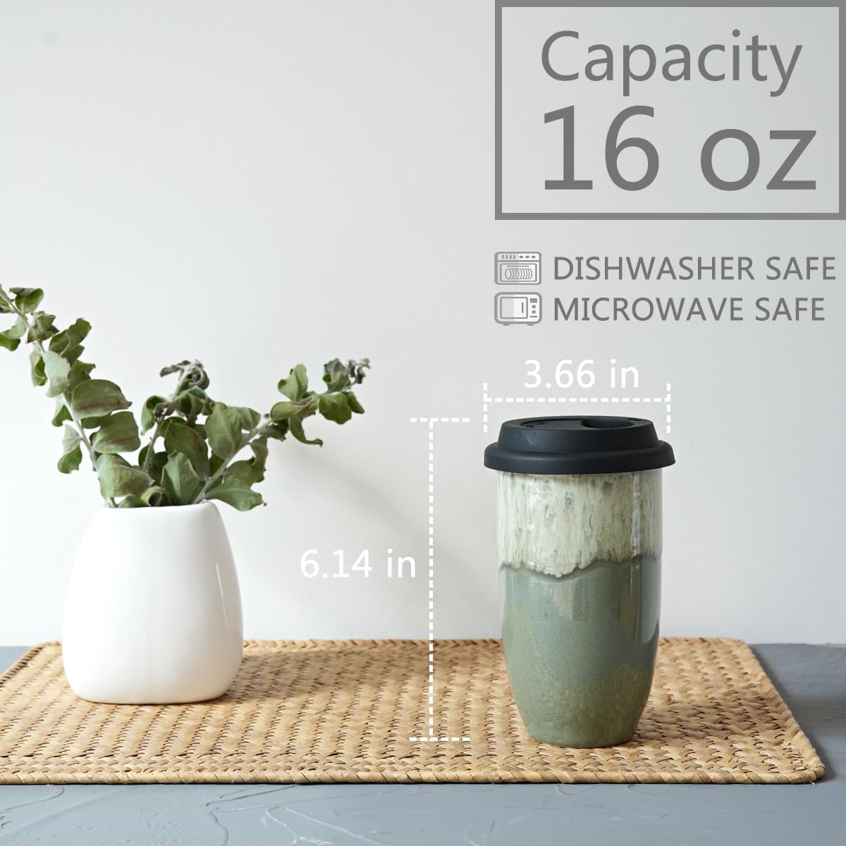 Bosmarlin Ceramic Travel Coffee Cup with Lid, 16 Oz, Portable Coffee Mug for Car Cup Holder, Microwave and Dishwasher Safe, Reactive Glaze (Pale Green, 16 Oz) Pale Green 16 Ounces