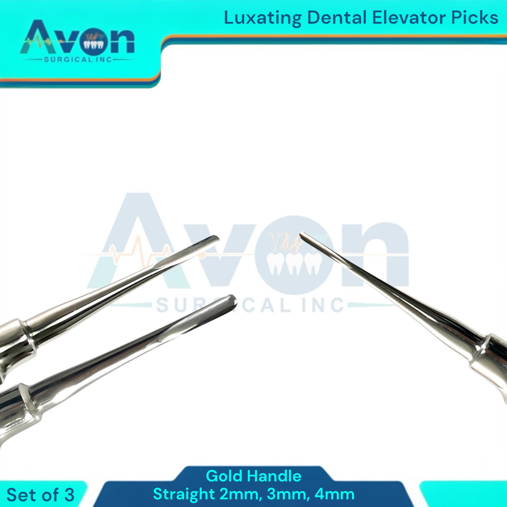 Straight Tipped 2mm + 3mm + 4mm Dental Tooth Root Extraction Elevators - Luxating Picks - Gold Color-Coded German Stainless Steel (3PK)
