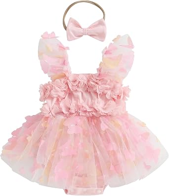 Baby Girl Clothes Sleeveless Lace 3D Butterfly Romper Dress Newborn First Birthday Cake Smash Outfit