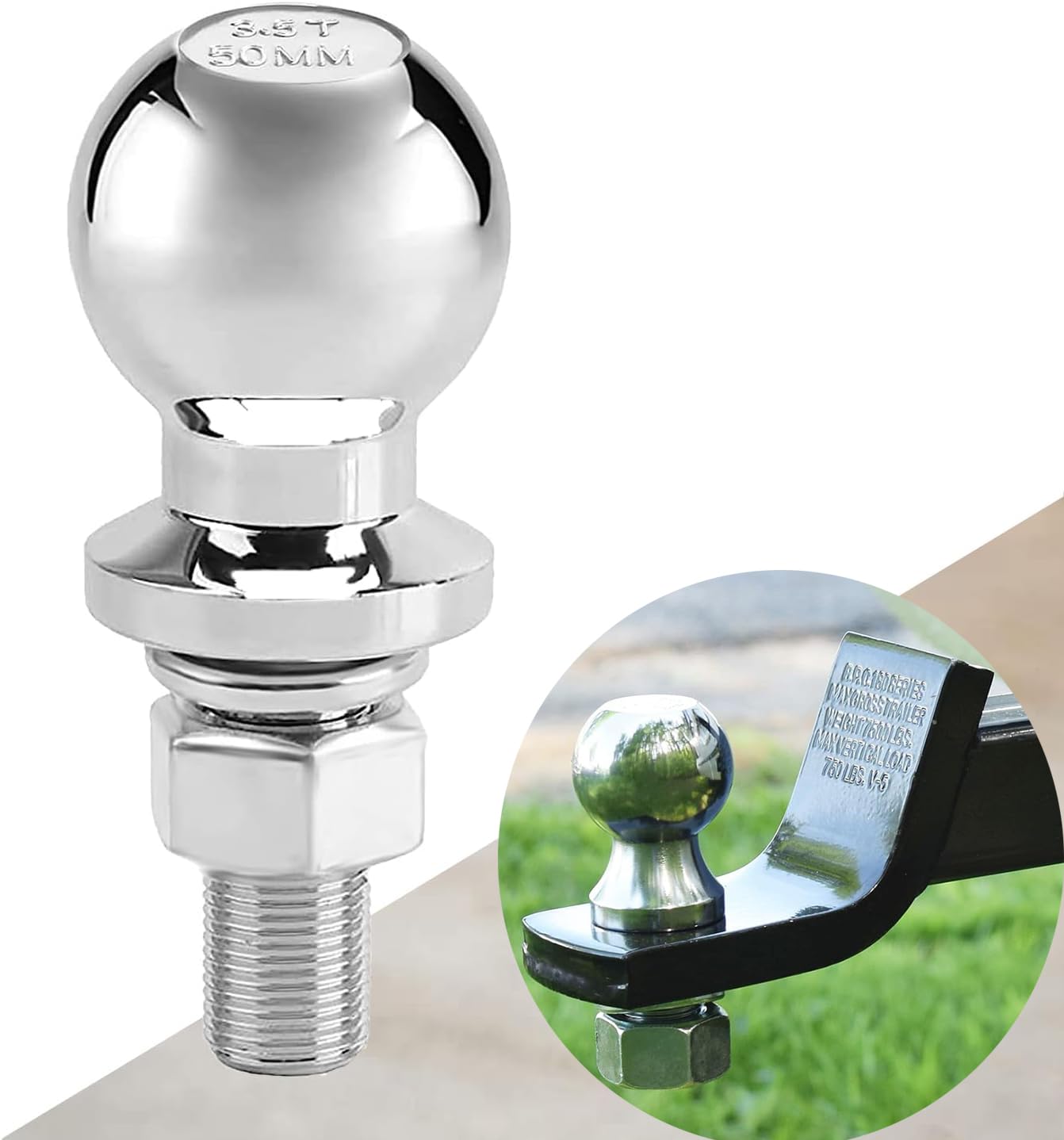 Gancio Di Traino A Sfera 50 Mm 3,5 T – Testa Sferica Con Vite Da 22 Mm Per Aste A Cupola, Acciaio Cromato