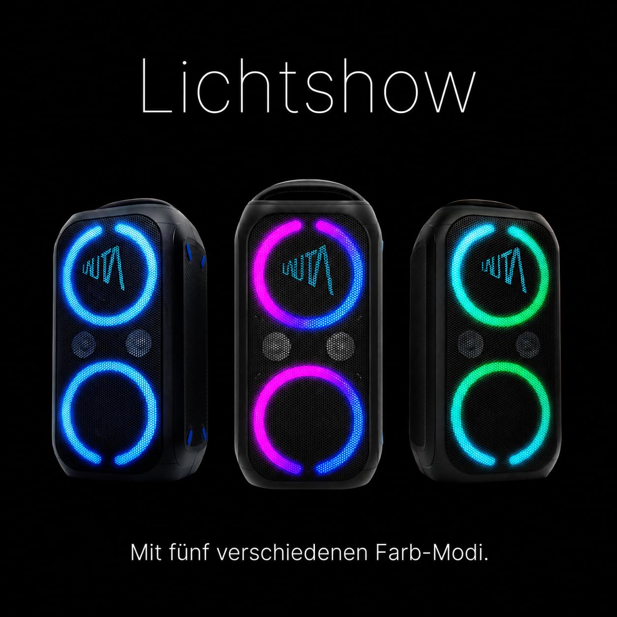 LAUTA WUMMSBOX - 160W Peak Bluetooth Partybox, Musikbox mit 103dB Sound | Bass Boost, True Wireless Stereo, 12 Stunden Akkulaufzeit, LED, IPX4, USB, Mikrofon-Anschluss, 80W RMS Leistung