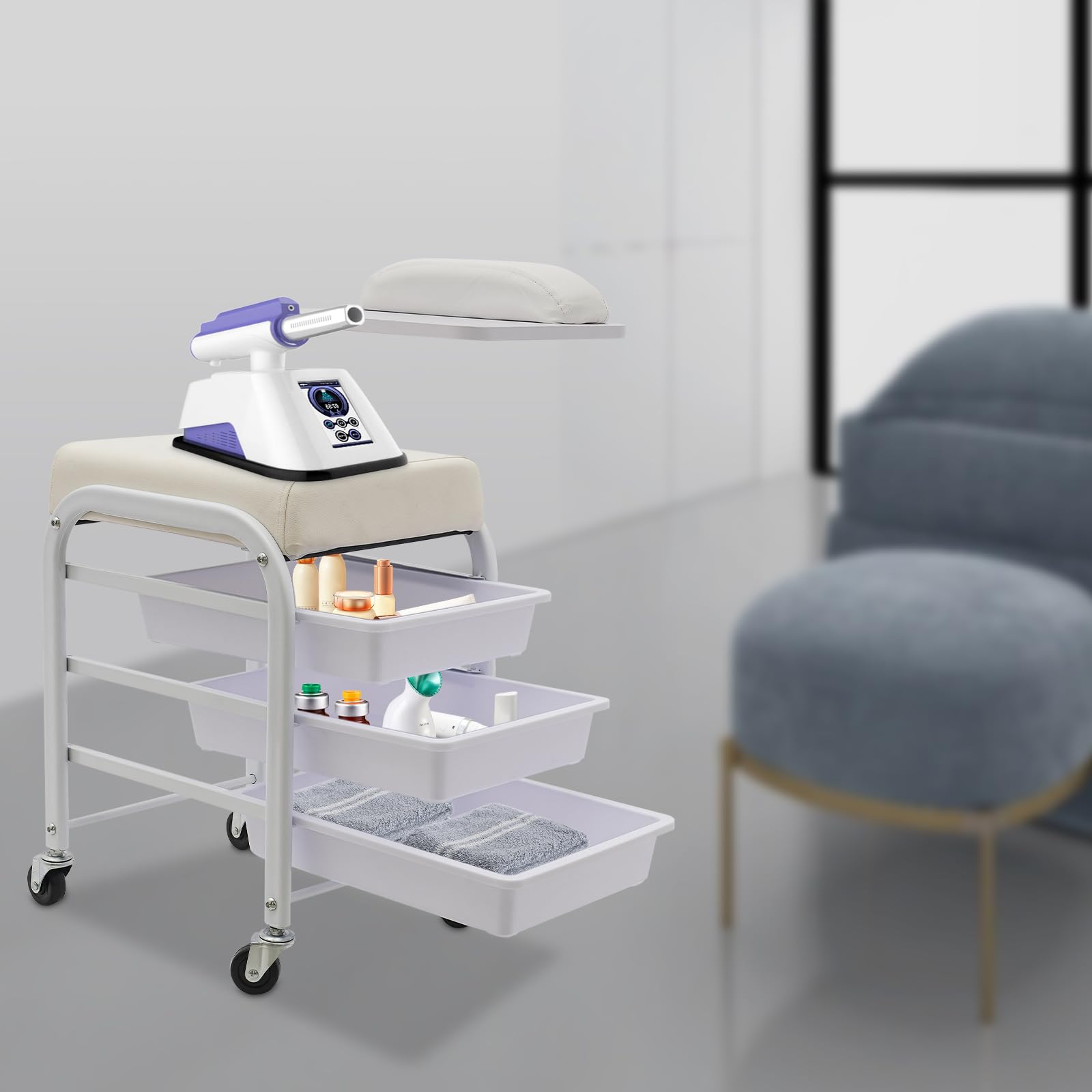 Tragbarer Fußbad Spa Wagen, Trolley für Fußbad Pediküre Fußstütze or Pediküre Maniküre Wagen für Beauty Salonmit 3 Schubladen,4 Universal-Räder und Drehbares Tablettfür Fußbäder(Weiß)