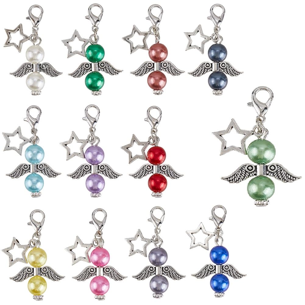 SUNNYCLUE 1 Box 24pcs 12 Colors Knit Marker Charms Crochet Knit Stitch Markers Glasses Angel Fairy Silver Wing Star Stitching Charm with Lobster Clasp for Women Weave Sewing Locking Crafts Accessories