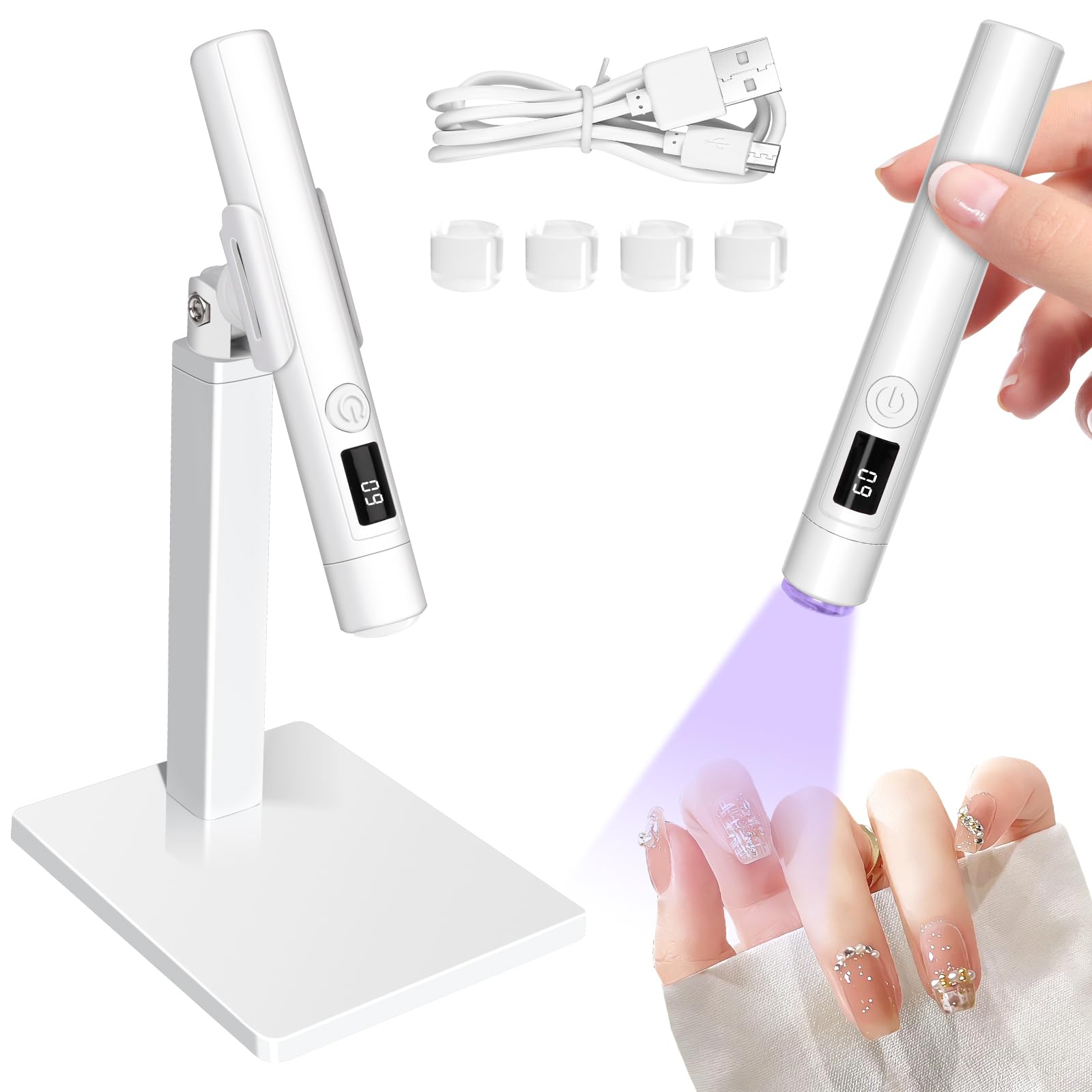 VMUTGA UV Lampe für Gelnägel, Tragbare Mini UV Nagellampe mit Ständer und 4 Silikonkopf, Wiederaufladbar, 2 Zeitmessungsmodi, für Gel Nagellack, zum schnelles Aushärten von Nagelkleber Nail Tips
